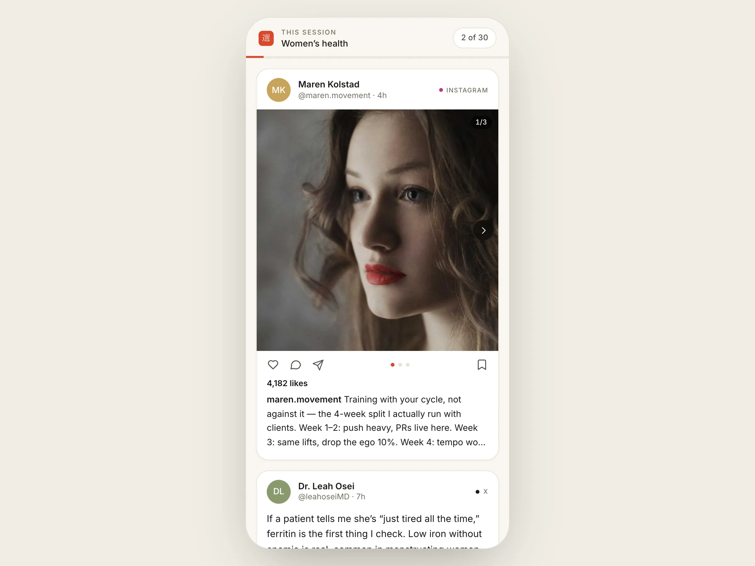 Sen finite feed for a women's health session showing 2 of 30 progress, an Instagram-style carousel card and an X-style text post, each with a source platform badge