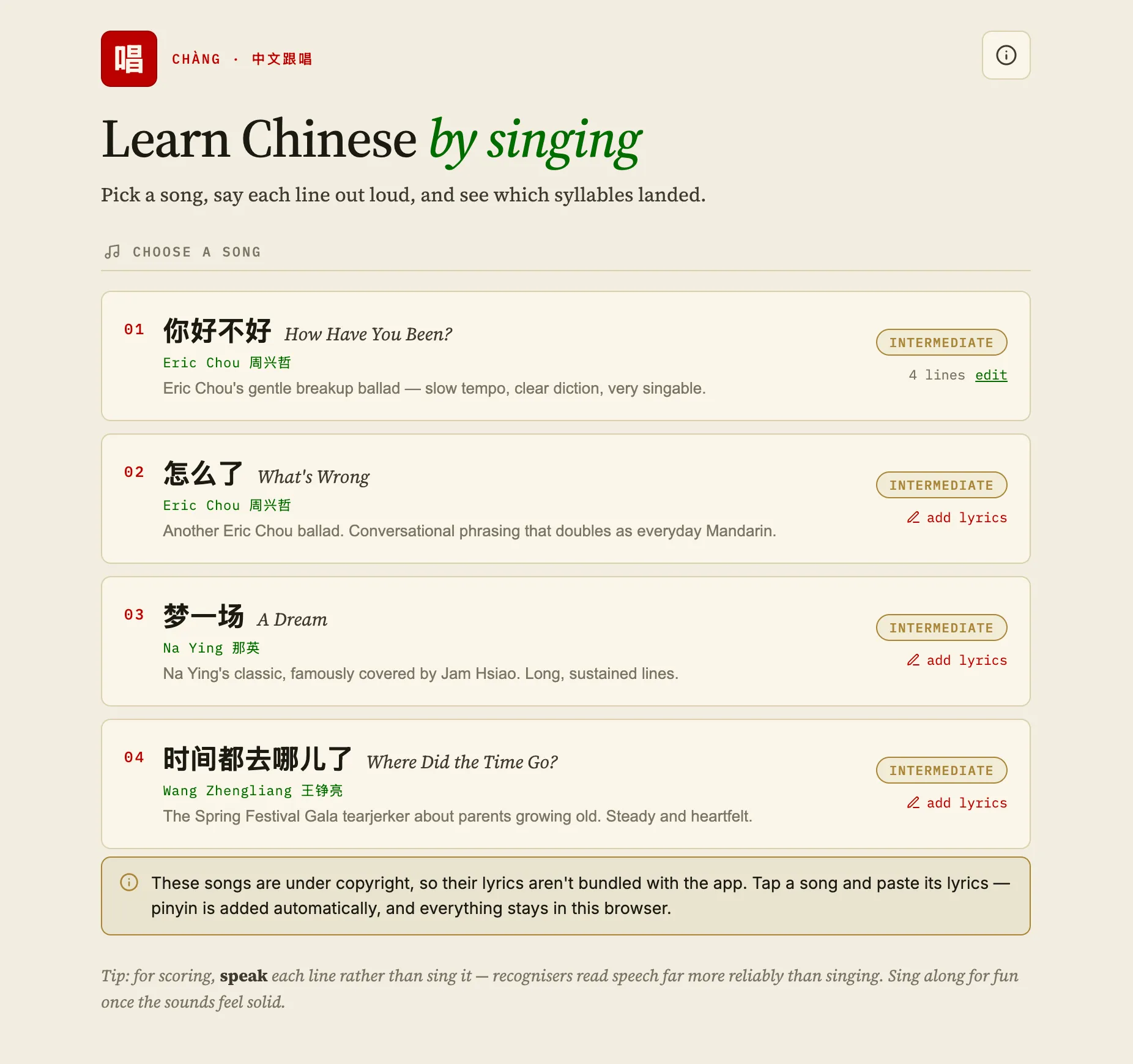 CHÀNG song list screen: Learn Chinese by singing headline, four songs with difficulty tags and add-lyrics affordances, and a copyright info banner